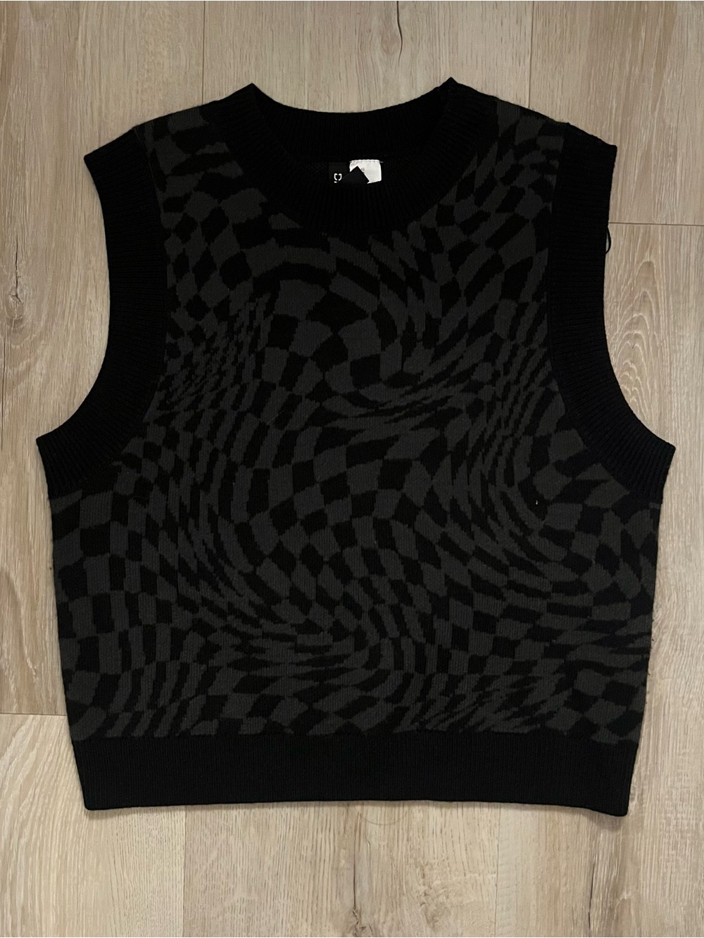 H&M Black and Charcoal Optical-Check Knit Sweater Vest